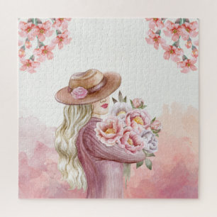 Elegante Frau mit Pfingstrosen-Wasserfarben-Kunstp
