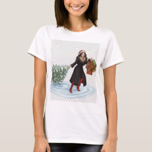 Elegante Frau mit Santa-Hut zieht Weihnachtsbaum T-Shirt