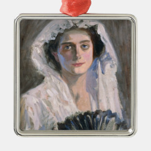 Elegante Frau mit schwarzem Fächer (Fujishima Take Ornament Aus Metall