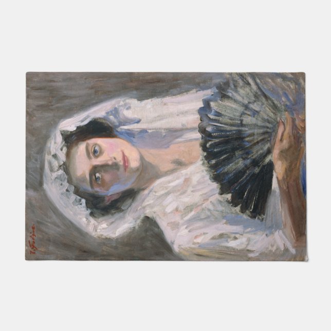 Elegante Frau mit schwarzem Fan (Fujishima Takeji) Fußmatte (Vorderseite)