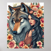Elegante Frau mit Wolf und Blumen Poster