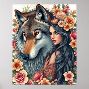 Elegante Frau mit Wolf und Blumen Poster