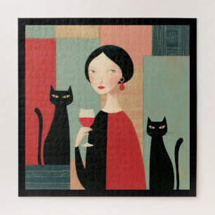 Elegante Frau schwarze Katzen und Wein