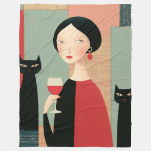 Elegante Frau schwarze Katzen und Wein Fleecedecke