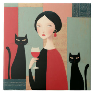 Elegante Frau schwarze Katzen und Wein Fliese