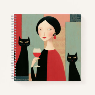 Elegante Frau schwarze Katzen und Wein Notizbuch
