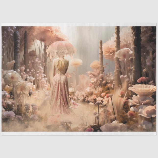 Elegante Frau und Sonnenschirm, Rosa Wild Florals Seidenpapier (Vorderseite)