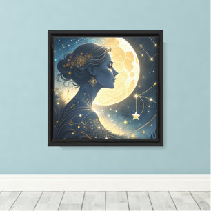 Elegante Frau unter dem goldenen Mond und Sternen Leinwanddruck