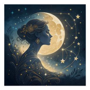 Elegante Frau unter dem goldenen Mond und Sternen Poster