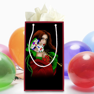 Elegante Frau Venezianische Maske Rot Grün Kleine Geschenktüte
