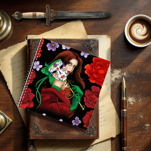 Elegante Frau Venezianische Maske Rot Grün Notizbuch