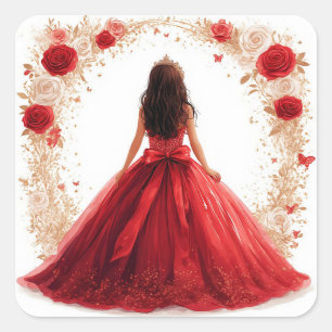 Elegante Frauen in Rot-Grün, umgeben von Rose Quadratischer Aufkleber