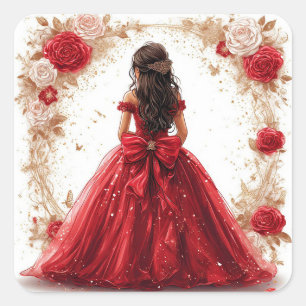 Elegante Frauen in Rot-Grün, umgeben von Rose Quadratischer Aufkleber