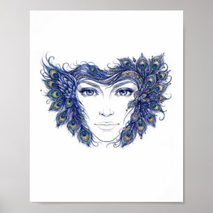 Elegante Frauenfratze mit Pfauenfeder-Wandkunst Poster