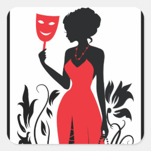 Elegante Frauensilhouette im roten Kleid mit Maske Quadratischer Aufkleber