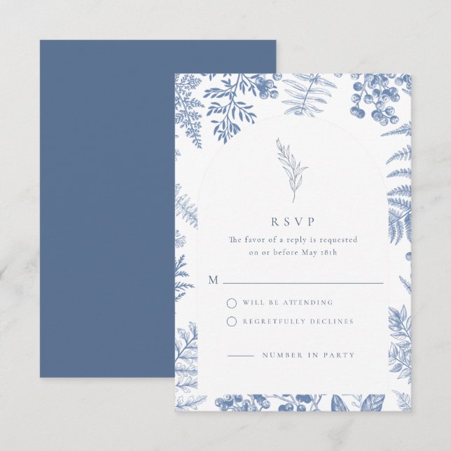 Elegante French Blue Bloom Floral Wedding RSVP Karte (Vorne/Hinten)