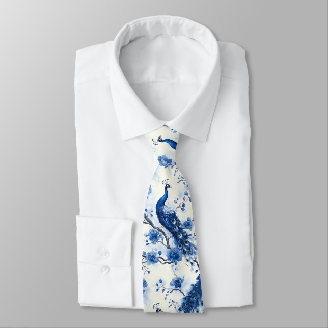 Elegante French Chinoiserie Blaue Pfaue Krawatte (Gebunden)