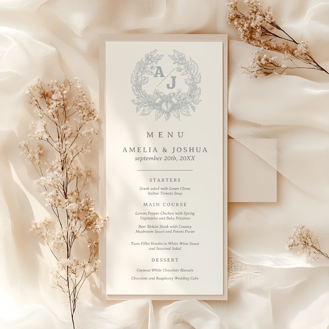 Elegante French Floral Blue Toile Hochzeit Menükarte (Von Creator hochgeladen)