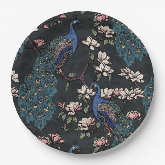 Elegante Friedens- und Magnolia-Blume Schwarz Pappteller