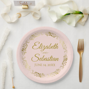 Elegante Frilly Border Blush Pink & Gold Hochzeit Pappteller