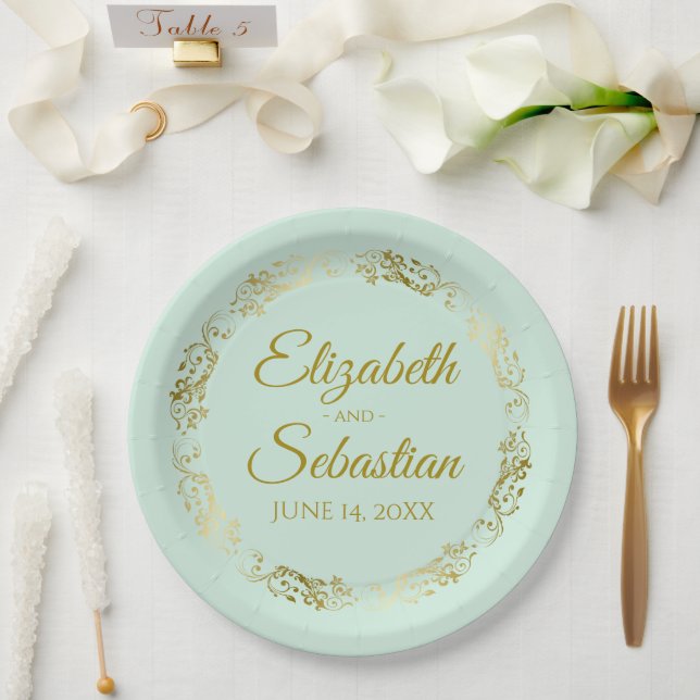 Elegante Frilly Border Mint Green & Gold Wedding Pappteller (Hochzeit)