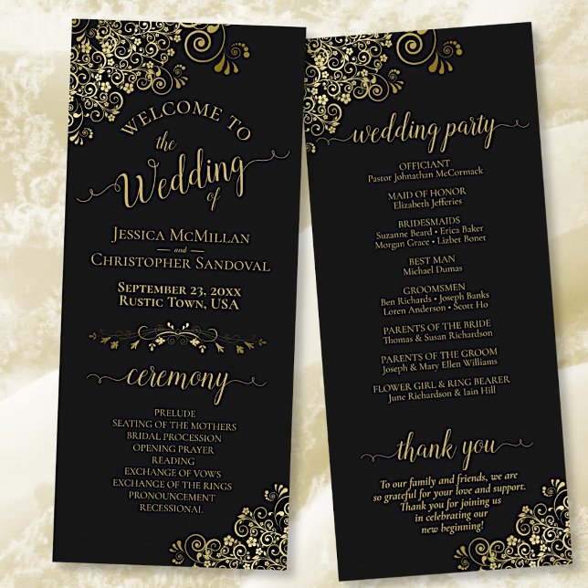Elegante Frilly Verziert Black & Gold Wedding Programm (Von Creator hochgeladen)