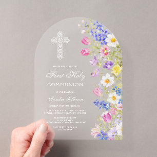 Elegante frische Wiesenblumen Arkade Erstkommunion Acryleinladungen