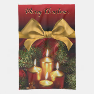 Elegante "Frohe Weihnachten" Gold Bow and Candles Geschirrtuch