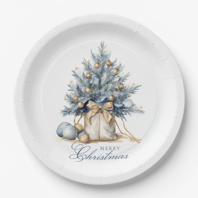 Elegante Frohe Weihnachtsbaum Gold Pappteller (Vorderseite)
