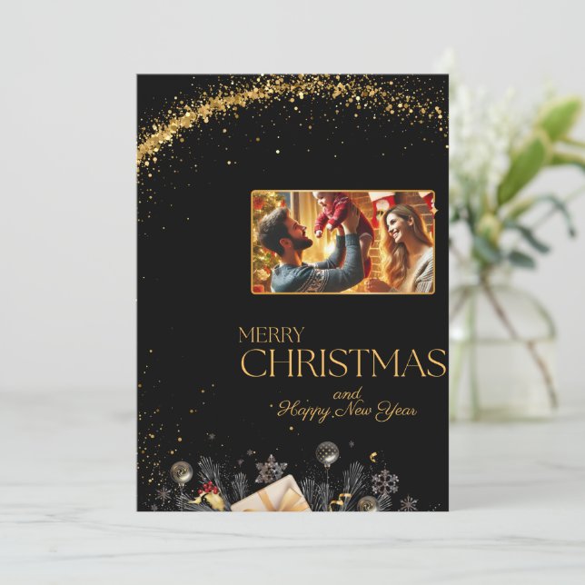Elegante Frohe Weihnachtskarte mit familiärem Foto Einladung (Stehend Vorderseite)