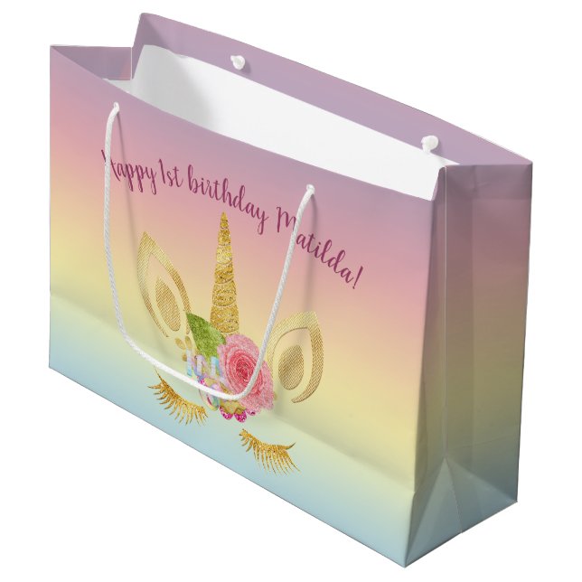 Elegante fröhliche Gold Glitzer zum ersten Geburts Große Geschenktüte (Vorderseite Schrägansicht)
