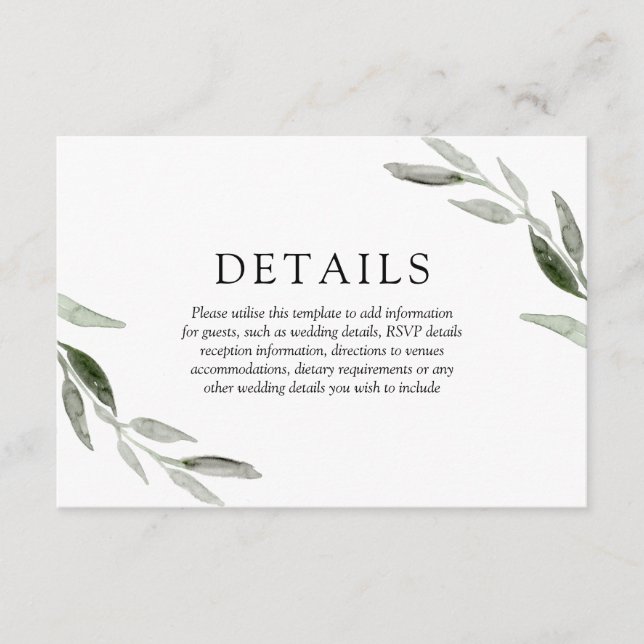 Elegante Frühjahrsgrün-Leaf Hochzeitdetails Begleitkarte (Vorderseite)