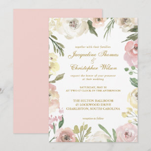 Elegante Frühlingsblumen-Hochzeit in Blassrosa und Einladung