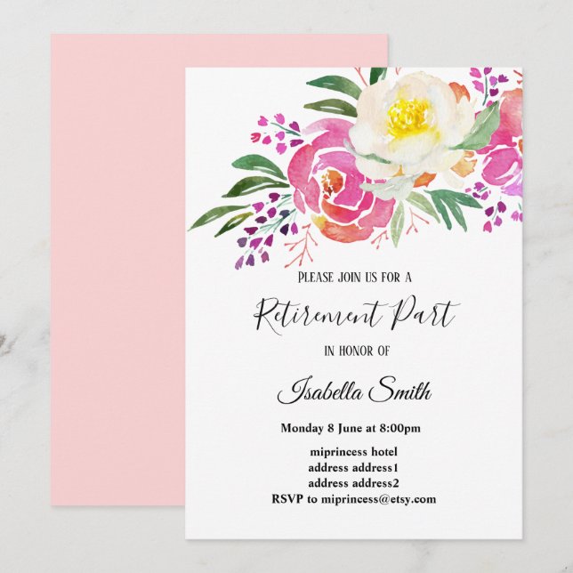 elegante Frühlingsblumen rosa Blütenpensionierung Einladung (Vorne/Hinten)