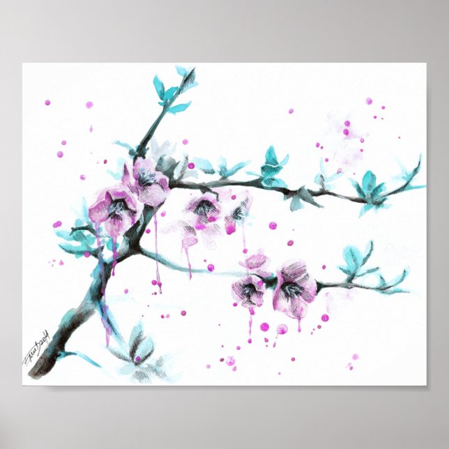 Elegante Frühlingsblüte Rosa Blüte Wasserfarben Ku Poster (Vorne)