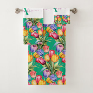 Elegante Frühlingsfarben Tulpen Handtuch Set