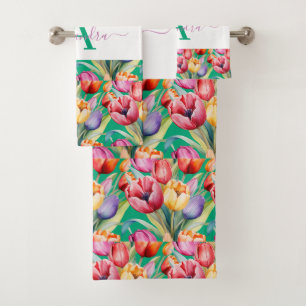 Elegante Frühlingsfarben Tulpen Handtuch-Set Badhandtuch Set