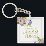 Elegante Frühlingsflorale Trauzeugin Gefallen mit  Schlüsselanhänger<br><div class="desc">Dieser Schlüsselanhänger ist eine wunderbare Möglichkeit,  Ihrer Trauzeugin zu danken,  dass sie Teil Ihrer Hochzeitsfeier ist. Das Blumenmuster im Frühling mit einem Strauß pastellfarbener Blume,  darunter Rose,  Orchideen,  Calla lilies & Hydrangea. Enthält eine elegante goldene Grenze und einen Ort,  um ihren Namen einzugeben.</div>