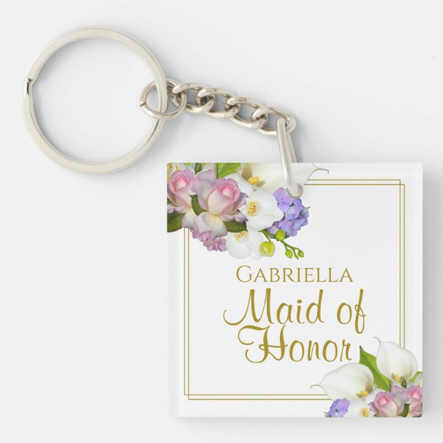 Elegante Frühlingsflorale Trauzeugin Gefallen mit  Schlüsselanhänger (Vorderseite)