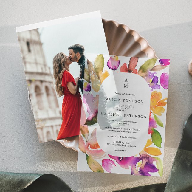 Elegante Frühlingskühne Wasserfarbenhochzeit (Elegant Spring Bold Floral Watercolor Wedding Vellum Invitations)