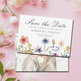 Elegante Frühlingswildblumen mit Foto auf der Rück Save The Date