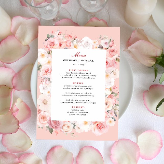 Elegante Frühlingszeit Rose Blush Pink Frame Weddi Menükarte (Von Creator hochgeladen)