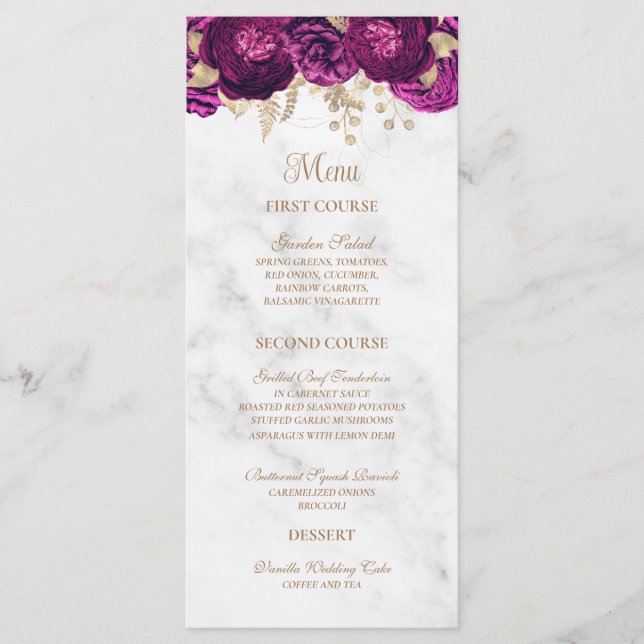 Elegante Fuchsia Floral Gold Marmorhochzeit Menükarte (Vorderseite)