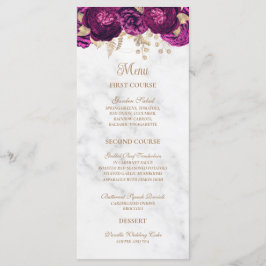 Elegante Fuchsia Floral Gold Marmorhochzeit Menükarte
