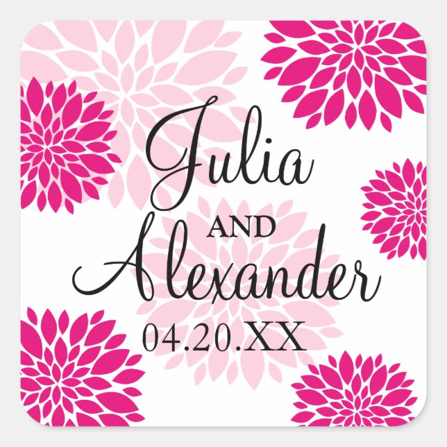 Elegante Fuchsia Pink Blush Bloral Burst Hochzeit Quadratischer Aufkleber (Vorderseite)