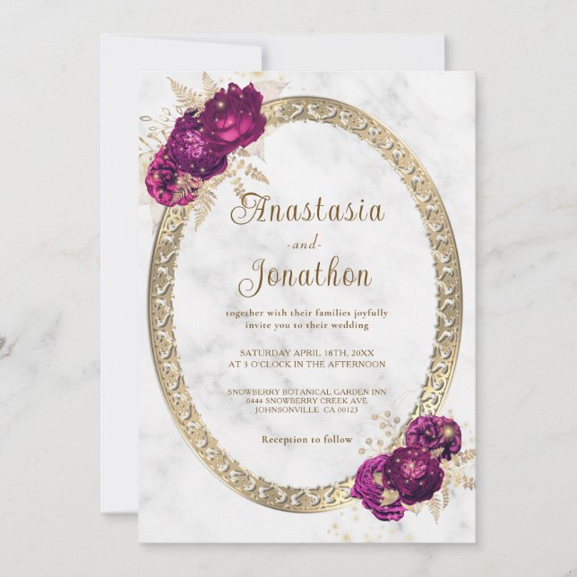 Elegante Fuchsia Pink Floral Gold Gerahmte Hochzei Einladung (Vorderseite)