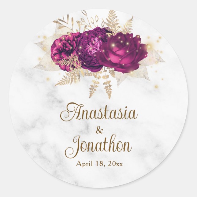Elegante Fuchsia Pink Floral Gold Gerahmte Hochzei Runder Aufkleber (Vorderseite)