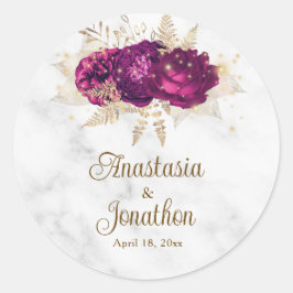 Elegante Fuchsia Pink Floral Gold Gerahmte Hochzei Runder Aufkleber