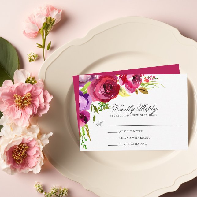 Elegante Fuchsia Pink Floral Wedding RSVP Card (Von Creator hochgeladen)