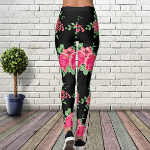 Elegante Fuchsia Pink Rose Blume Black Leggings